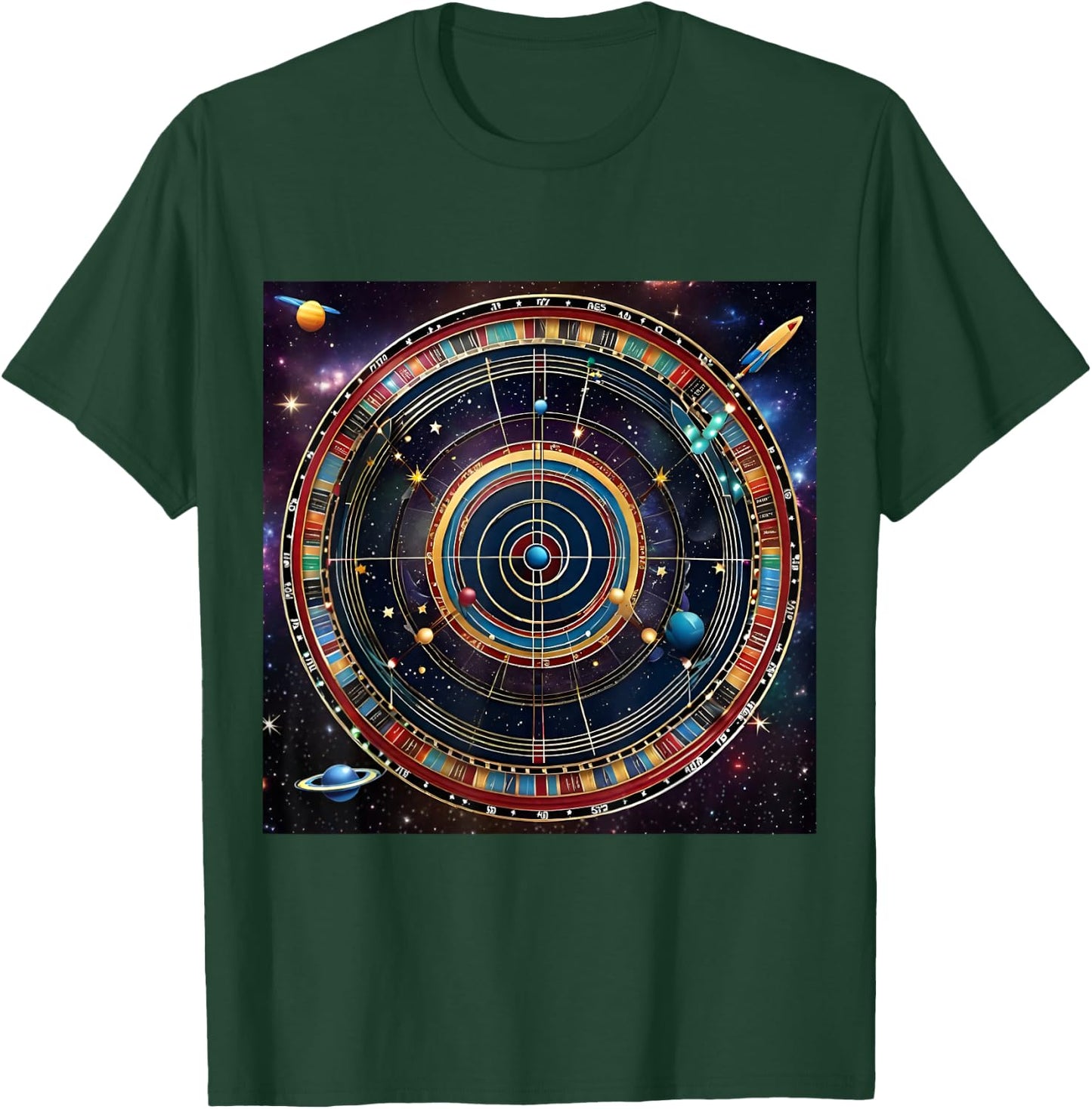 Bullseye Beyond -Adults Kids , Black, Small, Short Sleeve, Modern, Astrological, Sports, Professional, Themed- , Interstellar Challenge: Cosmic Dartboard T-Shirt - T-Shirt | Forest