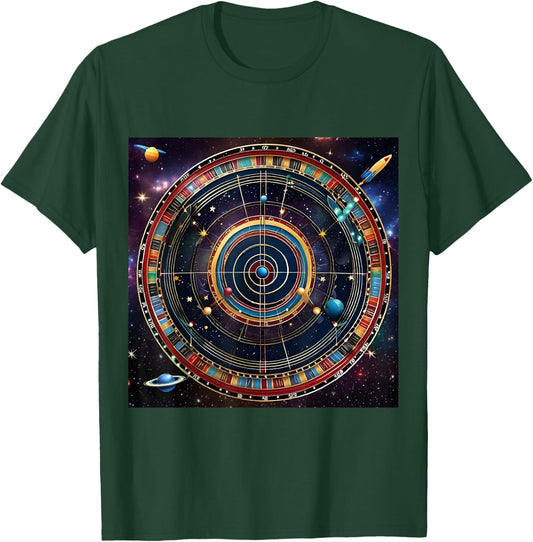 Bullseye Beyond -Adults Kids , Black, Small, Short Sleeve, Modern, Astrological, Sports, Professional, Themed- , Interstellar Challenge: Cosmic Dartboard T-Shirt - T-Shirt | Forest