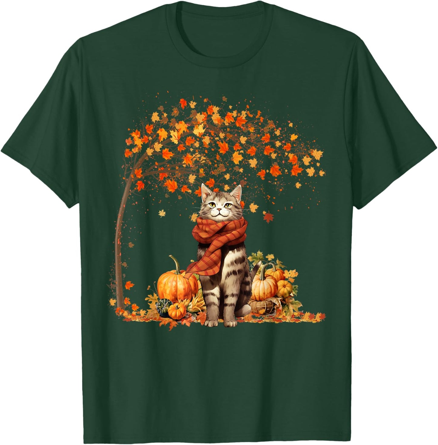 Cat Leaf Fall Hello Autumn Cat Kitten Lover Thanksgiving T-Shirt - T-Shirt | Forest