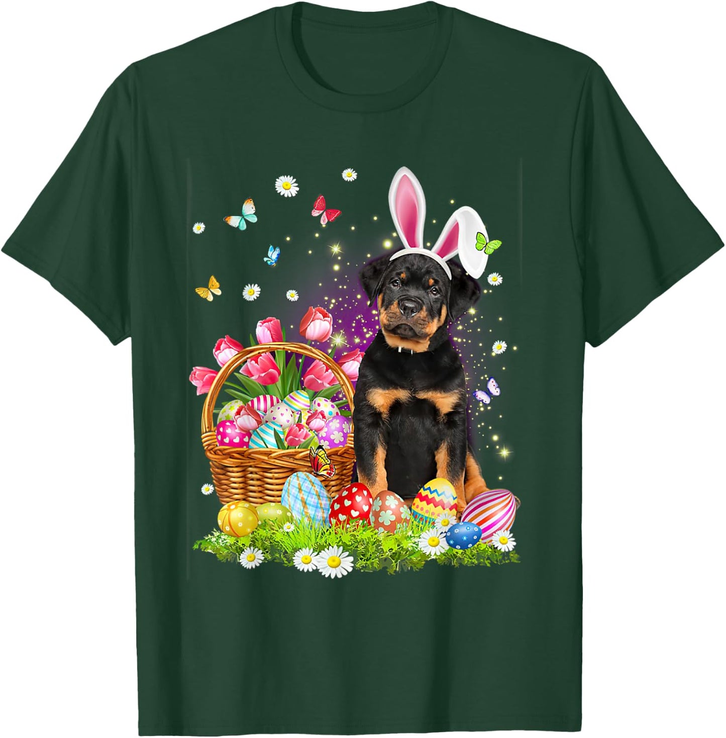 Funny Easter Bunny Rottweiler Dog Bunny Ear Egg Basket Women Kids T-Shirt - T-Shirt | Forest