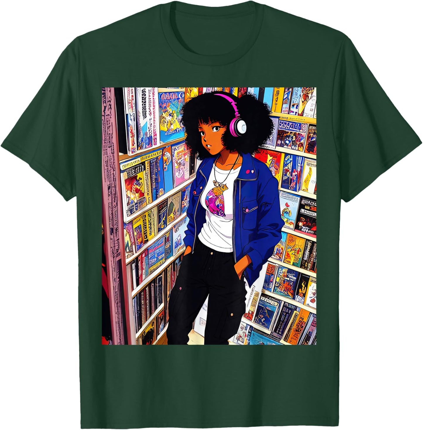 Black girl Lofi Music 90s Afro Retro Anime Cartoon Style T-Shirt - T-Shirt | Forest