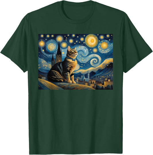 cute cat Painting art Starry Night kitty kitten Van Gogh T-Shirt - T-Shirt | Forest