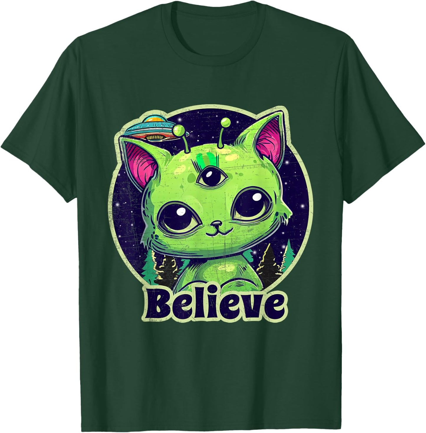 Cute Alien Cat Belive in UFO Kawaii T-Shirt - T-Shirt | Forest