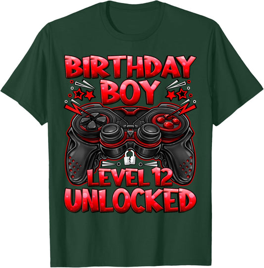 Birthday Boy Level 12 Unlocked 12th Birthday Gaming Gifts T-Shirt - T-Shirt | Forest