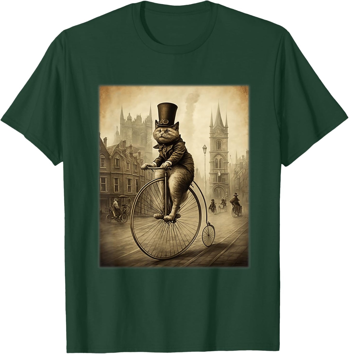 Funny Cat Top Hat Riding Penny Farthing Bicycle Cute Vintage Women Kids T-Shirt - T-Shirt | Forest