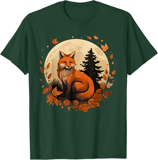 Cottagecore Fox Fall Leaves Aesthetic Retro Moon Autumn Gift T-Shirt - T-Shirt | Forest
