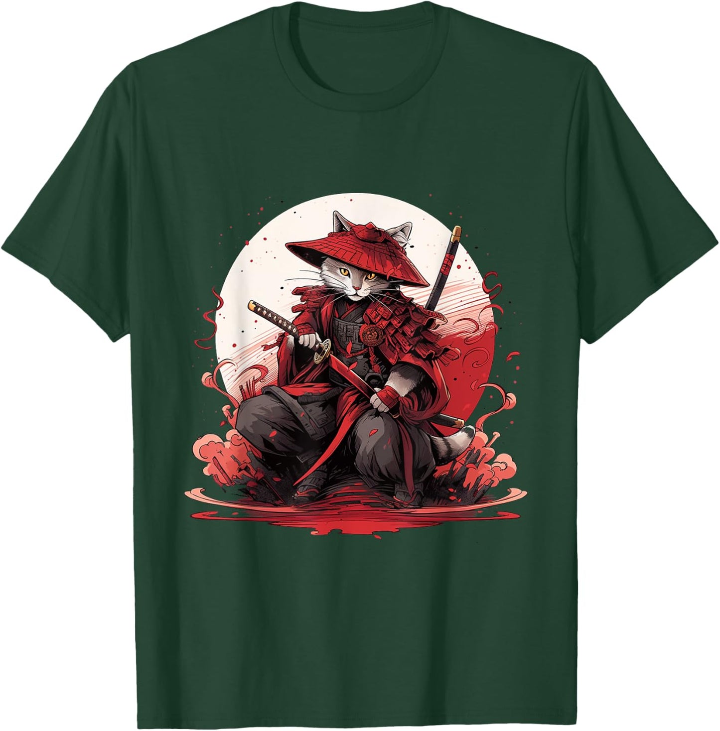 Japanese Art Cat Ninja Ukiyo-e Anime Style Samurai Cat Women Girls Kids T-Shirt - T-Shirt | Forest