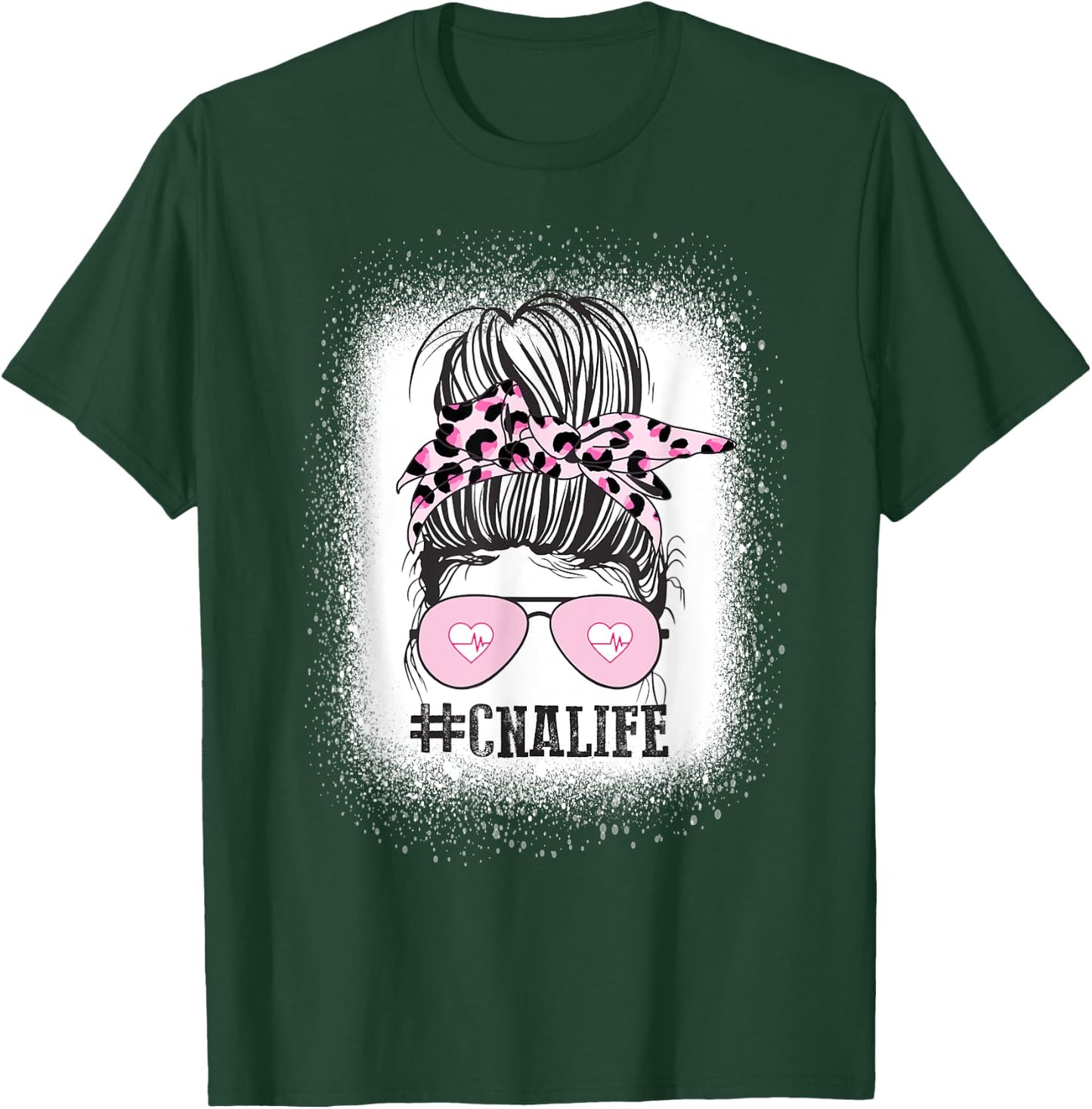 CNA Nurse Life Shirt, Bleached Messy Bun Nurse Leopard T-Shirt - T-Shirt | Forest