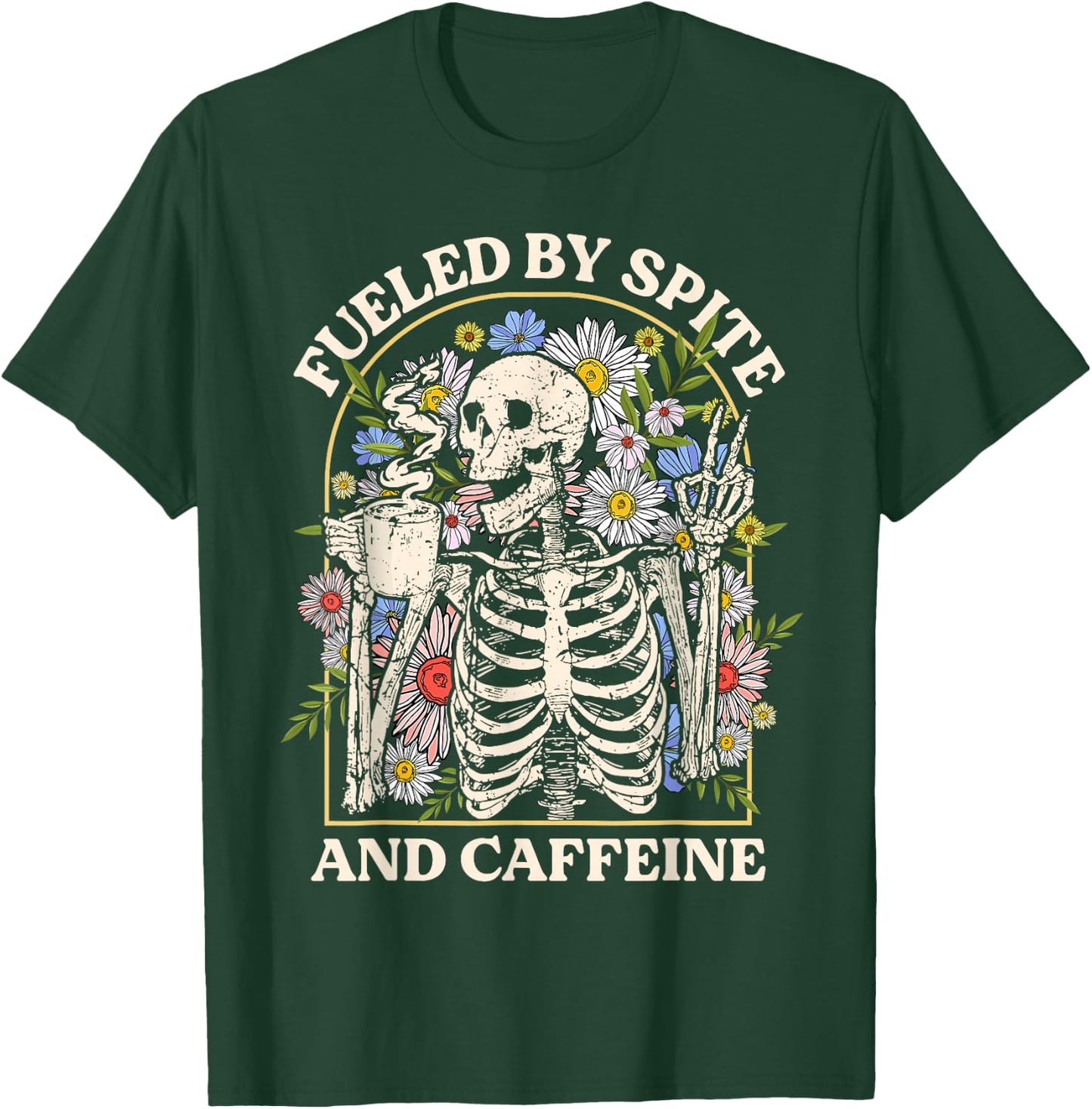 Fueled By Spite And Caffeine Skeleton Halloween Coffee T-Shirt - T-Shirt | Forest