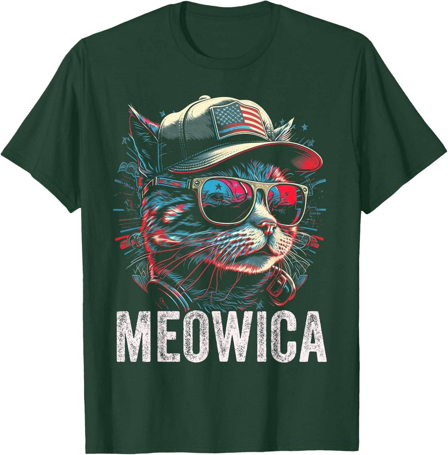 Meowica 4th of July Cat American Flag America USA Funny T-Shirt - T-Shirt | Forest