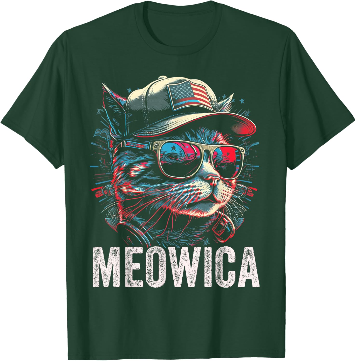 Meowica 4th of July Cat American Flag America USA Funny T-Shirt - T-Shirt | Forest