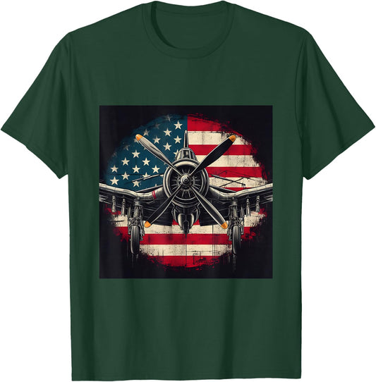 WW2 Warplane F4U Corsair Distressed American Flag Vintage T-Shirt - T-Shirt | Forest