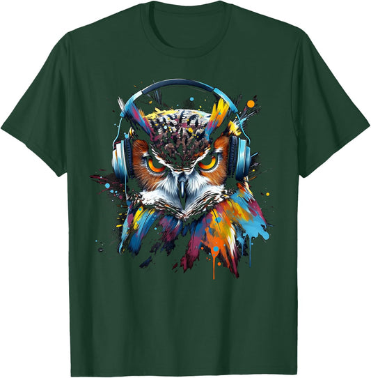 Owl Music Colourful Bird Headphones Art Animal Owl T-Shirt - T-Shirt | Forest