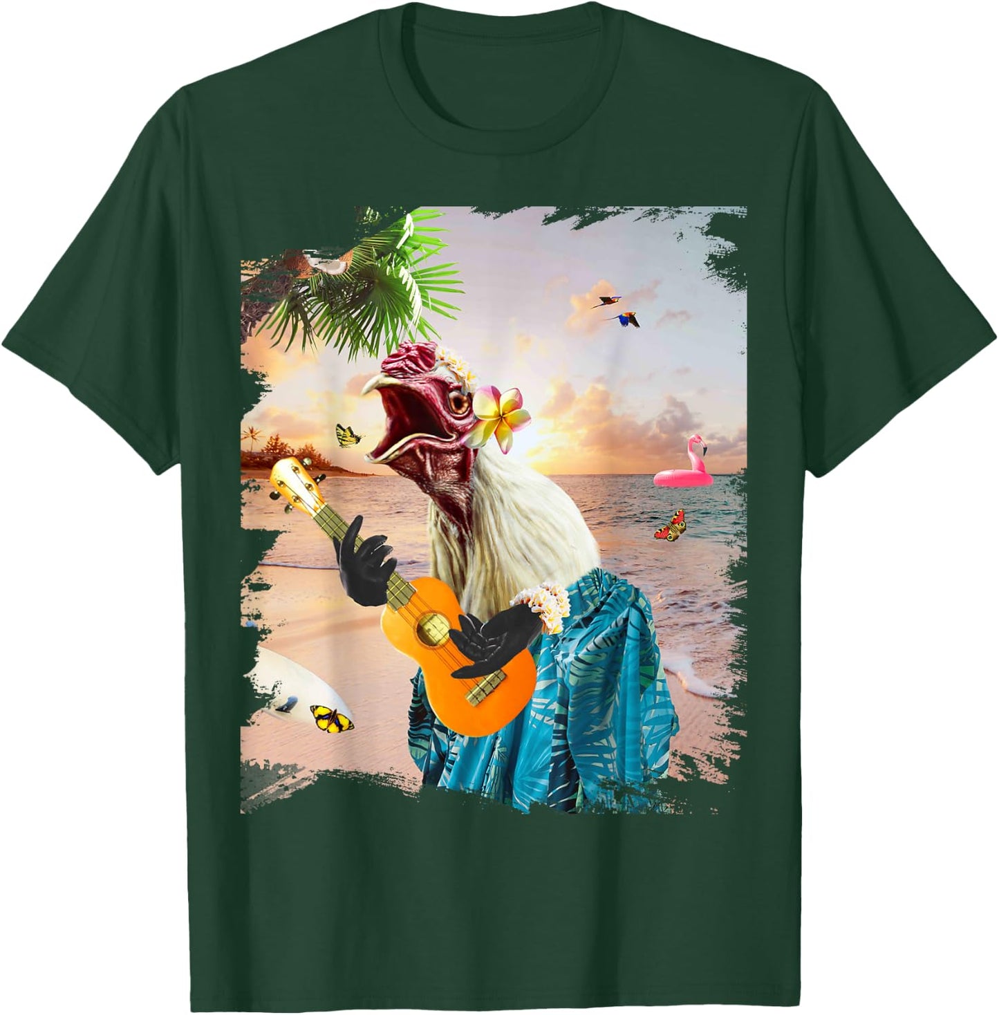 Aloha Hawaiian Chicken Playing Ukulele Beach Funny T-Shirt - T-Shirt | Forest