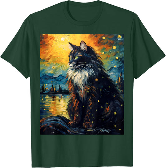Surreal Starry Night Norwegian Forest Cat Men Women Girls Kids T-Shirt - T-Shirt | Forest
