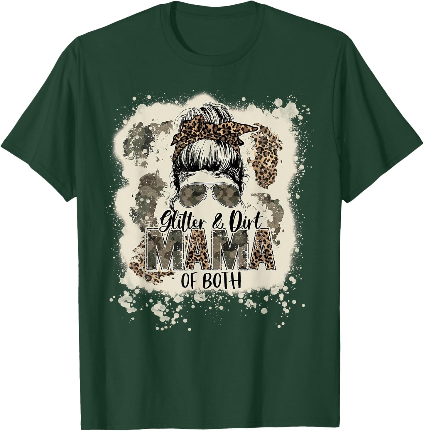 Glitter & Dirt Mama Of Both Leopard Camo Messy Bun Bleached T-Shirt - T-Shirt | Forest