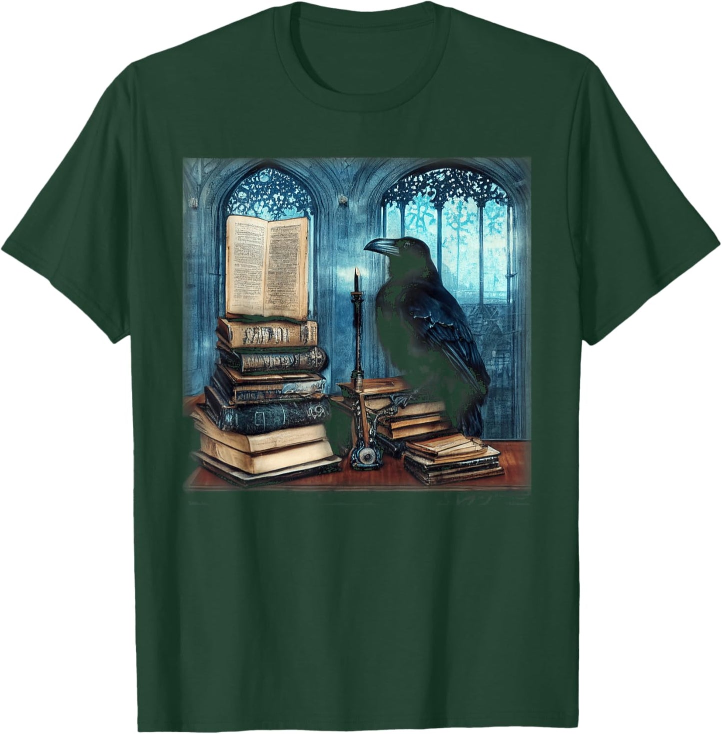 Gothic Art Raven Sitting On A Stack of Old Books T-Shirt - T-Shirt | Forest