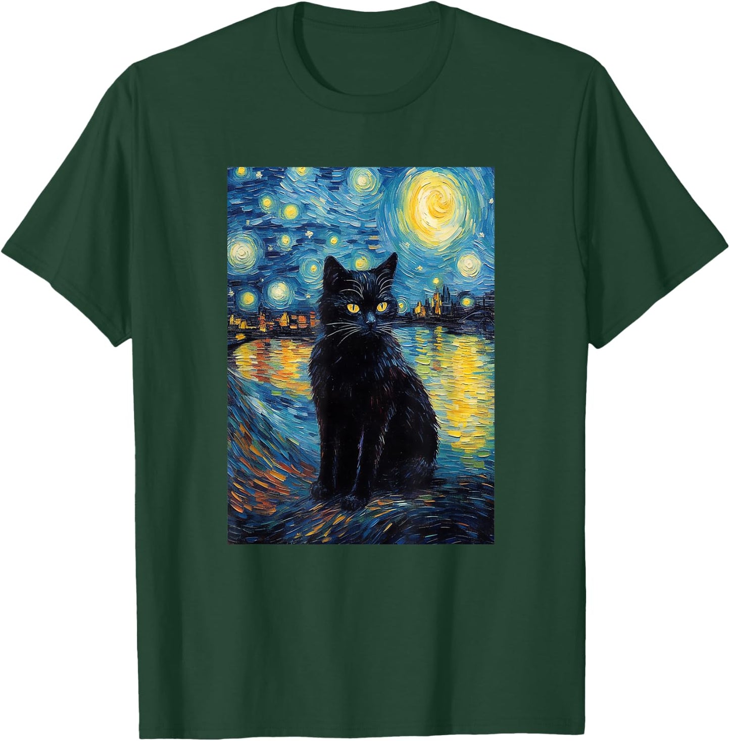 black cat Painting art Starry Night kitty kitten Van Gogh T-Shirt - T-Shirt | Forest