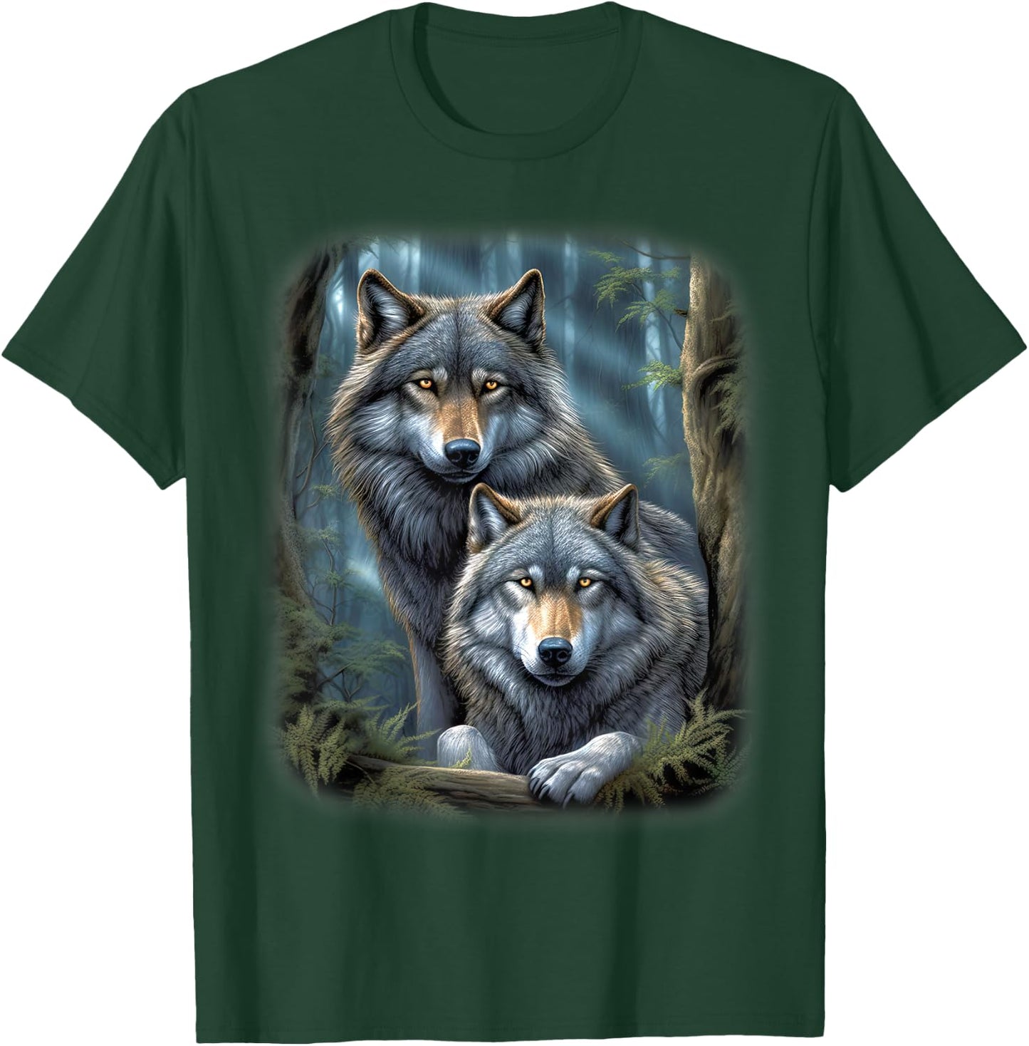 Wolf Wolves in Forest by Night Moon Fantasy Art Wildlife T-Shirt - T-Shirt | Forest