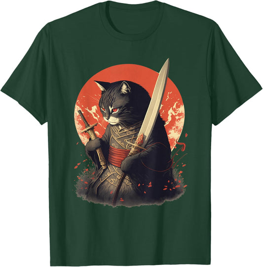 Retro Japanese Samurai Ninja Cat Kawaii Tattoo Graphic Style T-Shirt - T-Shirt | Forest