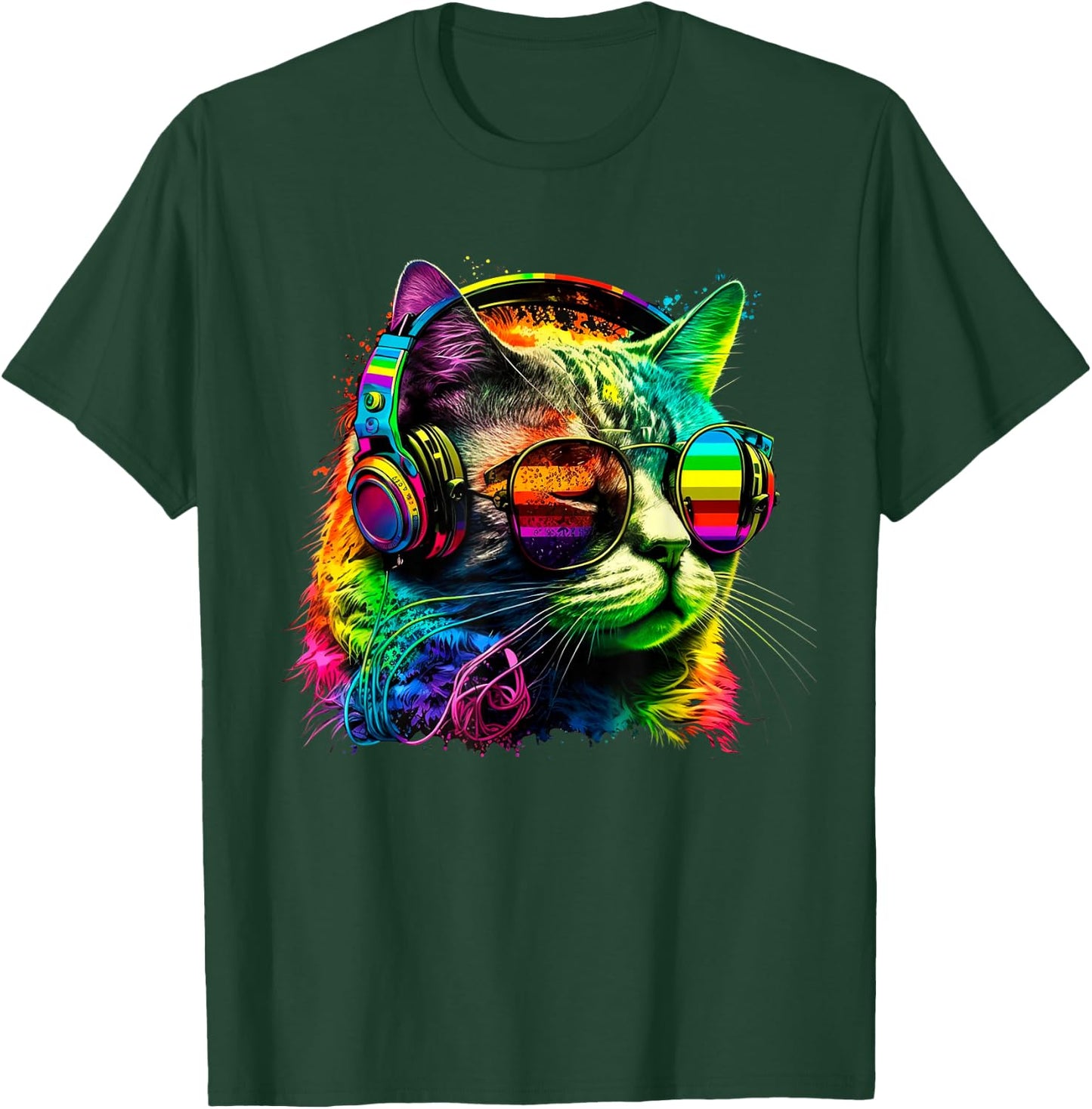 Rainbow DJ Cat with Sunglasses Headphones Music Funny Kitty T-Shirt - T-Shirt | Forest