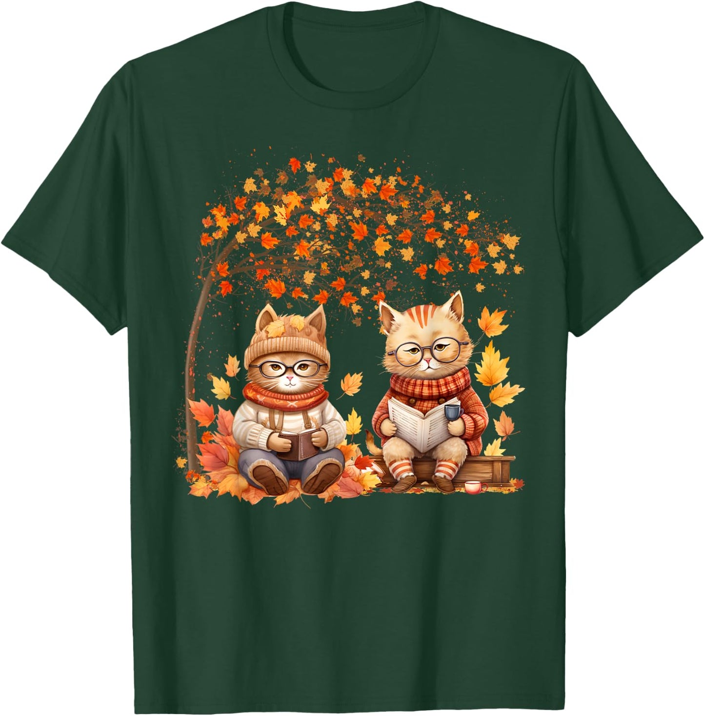 Cat Leaf Fall Hello Autumn Cat Kitten Lover Thanksgiving Men Women Kids T-Shirt - T-Shirt | Forest