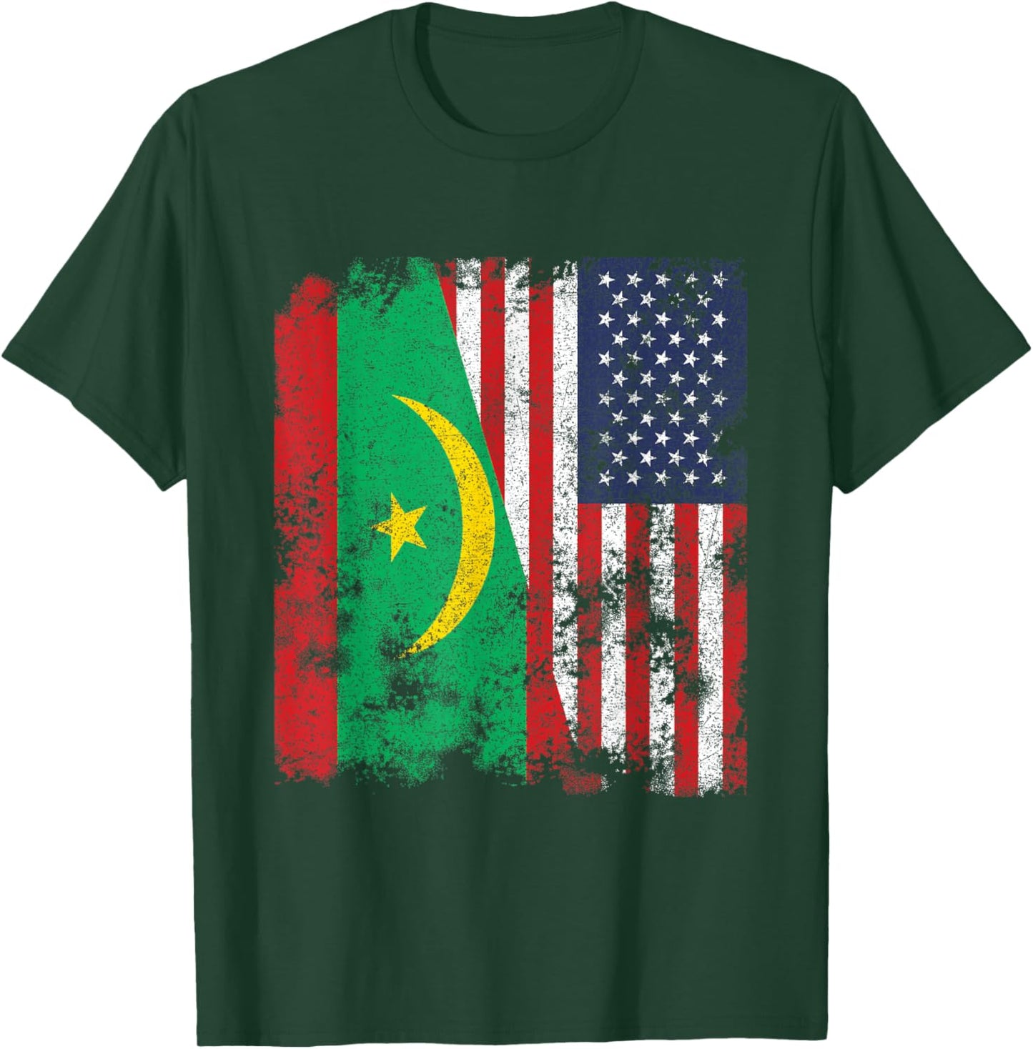 Mauritania USA Flag Distressed - Half American Women Kids Men T-Shirt - T-Shirt | Forest