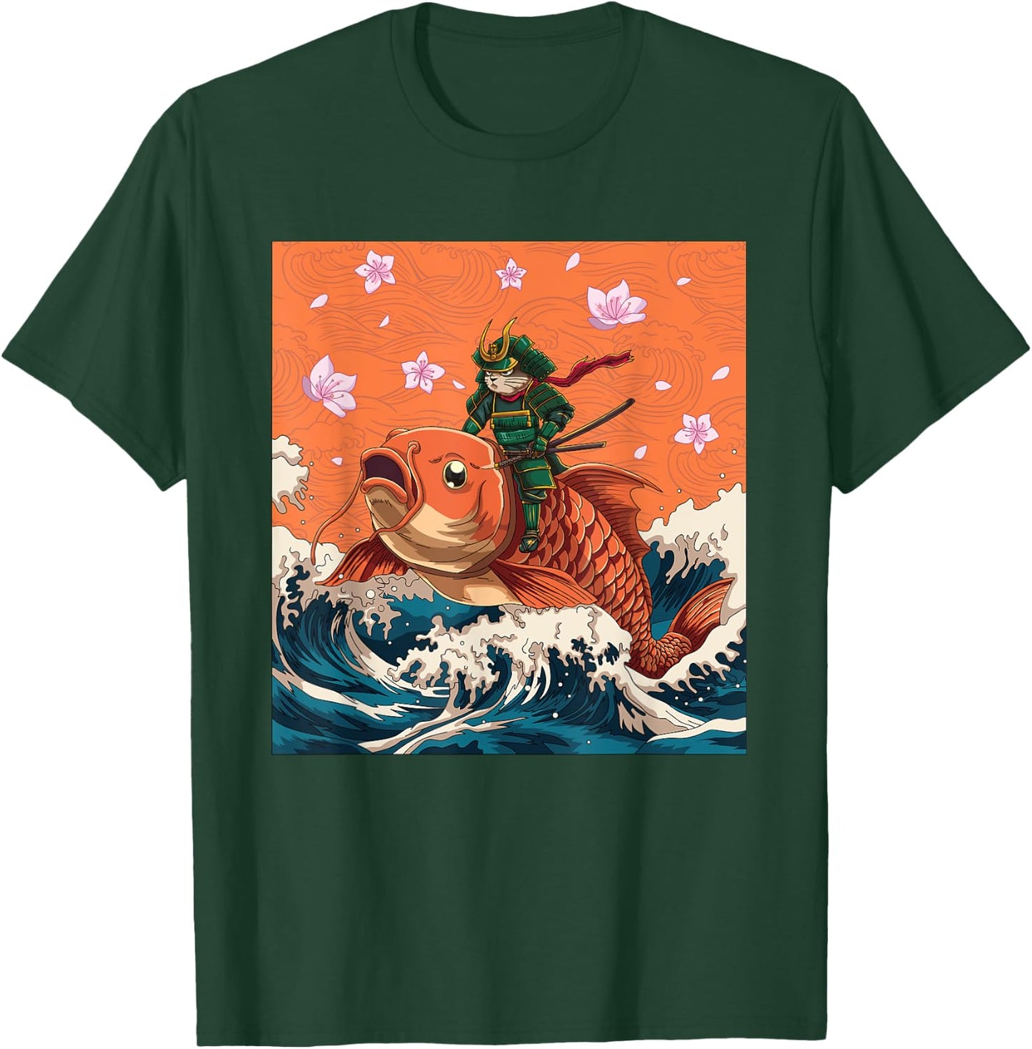 Vintage Japanese Samurai Neko Cat & Koi Fish | Ukiyo-e Style Men Women T-Shirt - T-Shirt | Forest