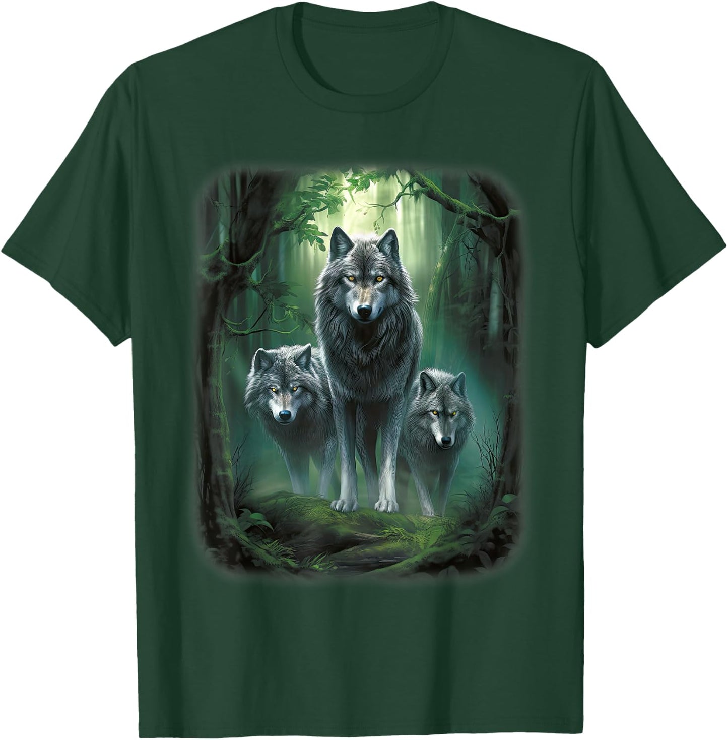 Wolf Wolves in Forest by Night Moon Fantasy Art Wildlife T-Shirt - T-Shirt | Forest