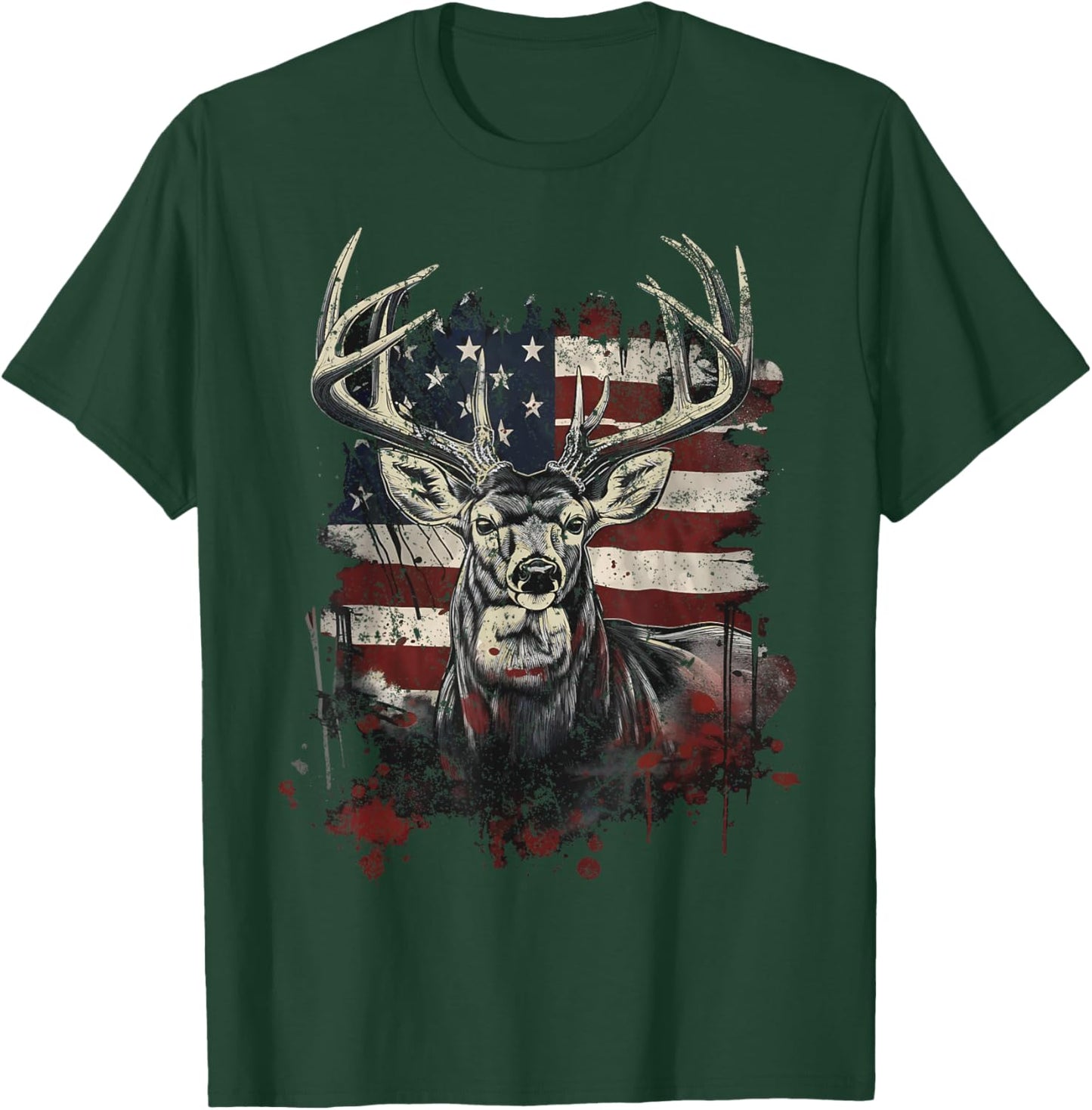 Buck White Tail Deer Hunting Hunter Distressed American Flag T-Shirt - T-Shirt | Forest