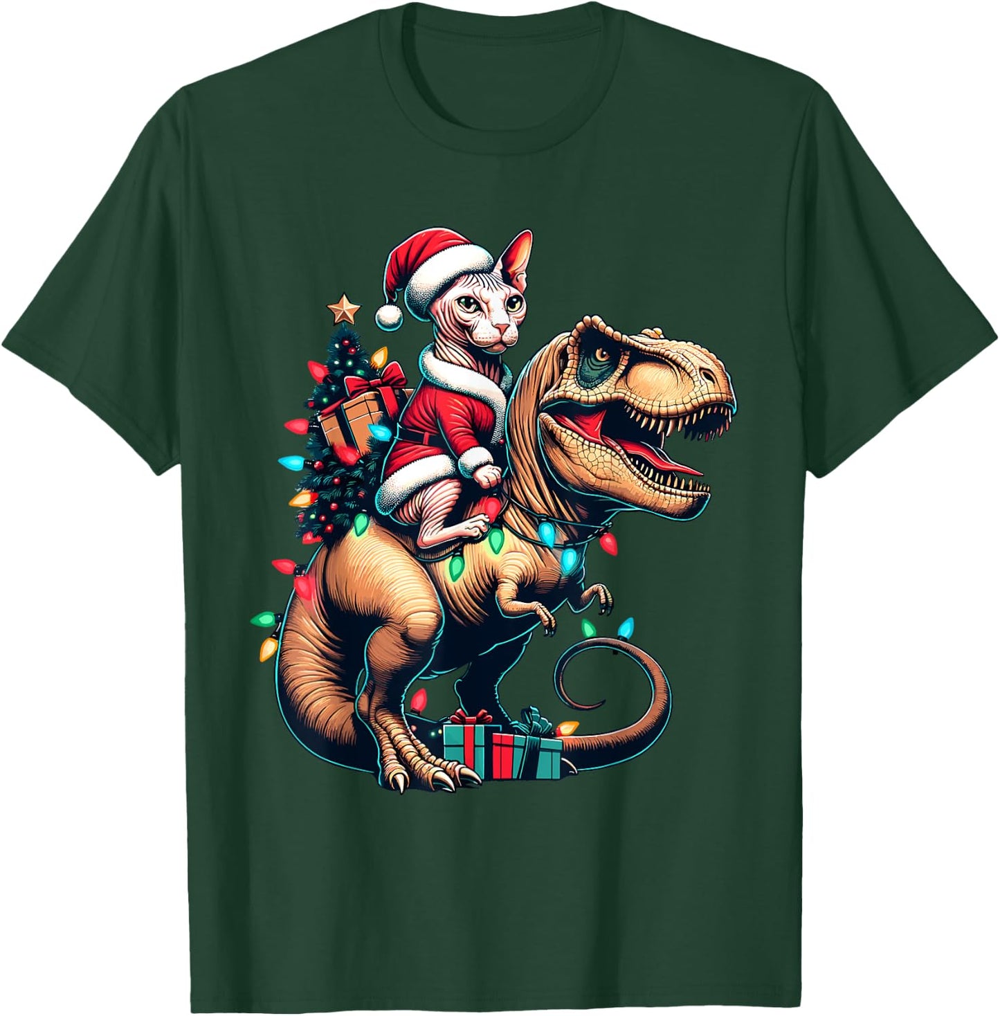 Funny Sphynx Cat Rides Santa T-Rex Vintage Christmas Sphynx Women Kids T-Shirt - T-Shirt | Forest