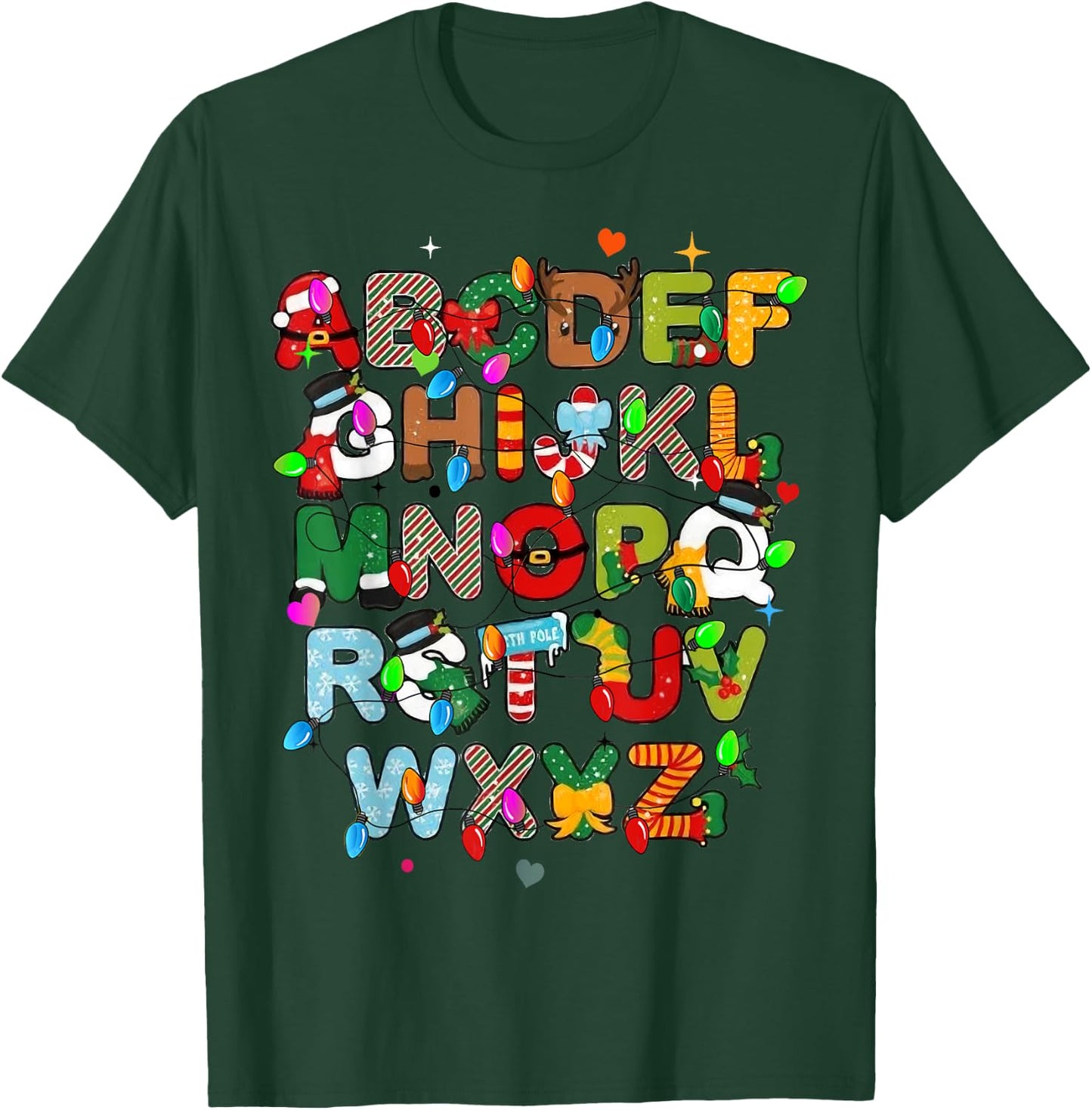 ABCs Learning Kindergarten Teacher Christmas Lights Alphabet Women Kids T-Shirt - T-Shirt | Forest