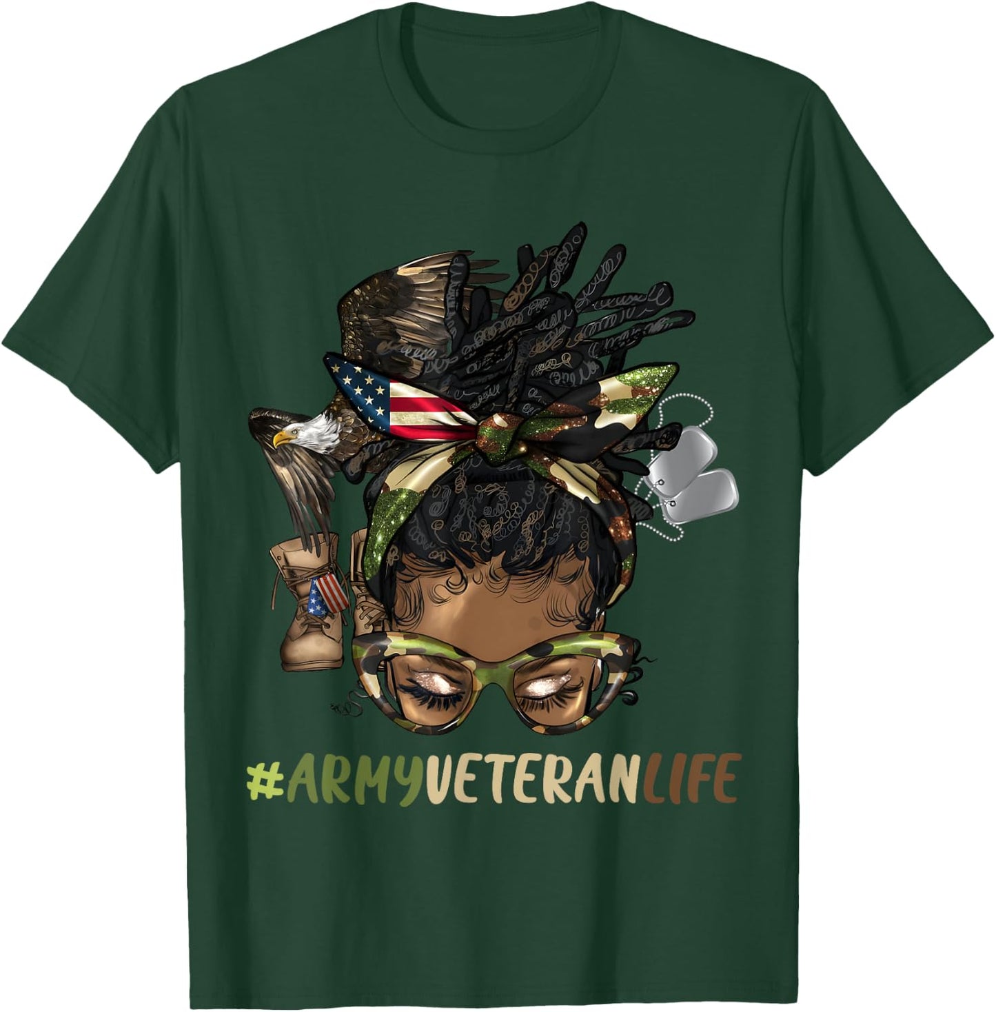 African Afro Messy Bun Loc Army Veteran Soldier Mother Wife T-Shirt - T-Shirt | Forest