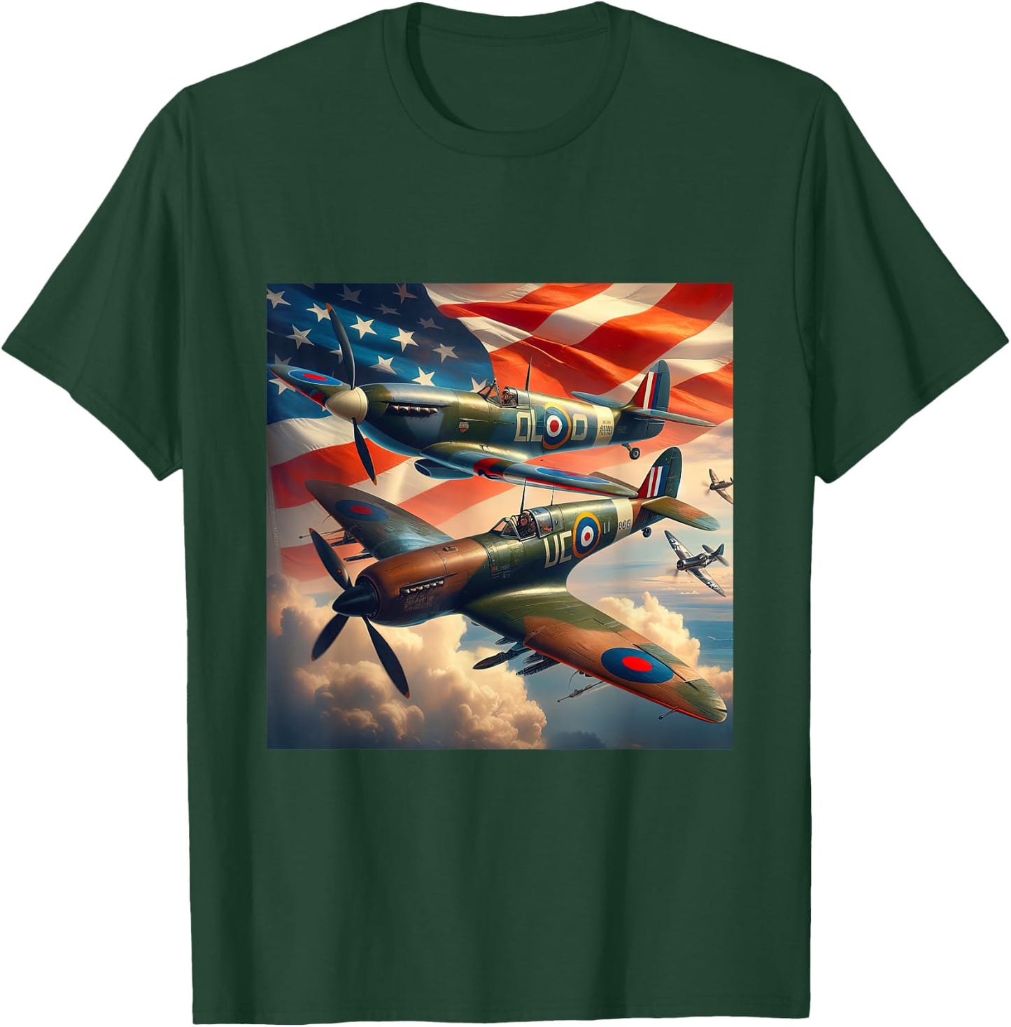 Spitfire F4U Corsair WW2 Airplanes US Flag T-Shirt - T-Shirt | Forest