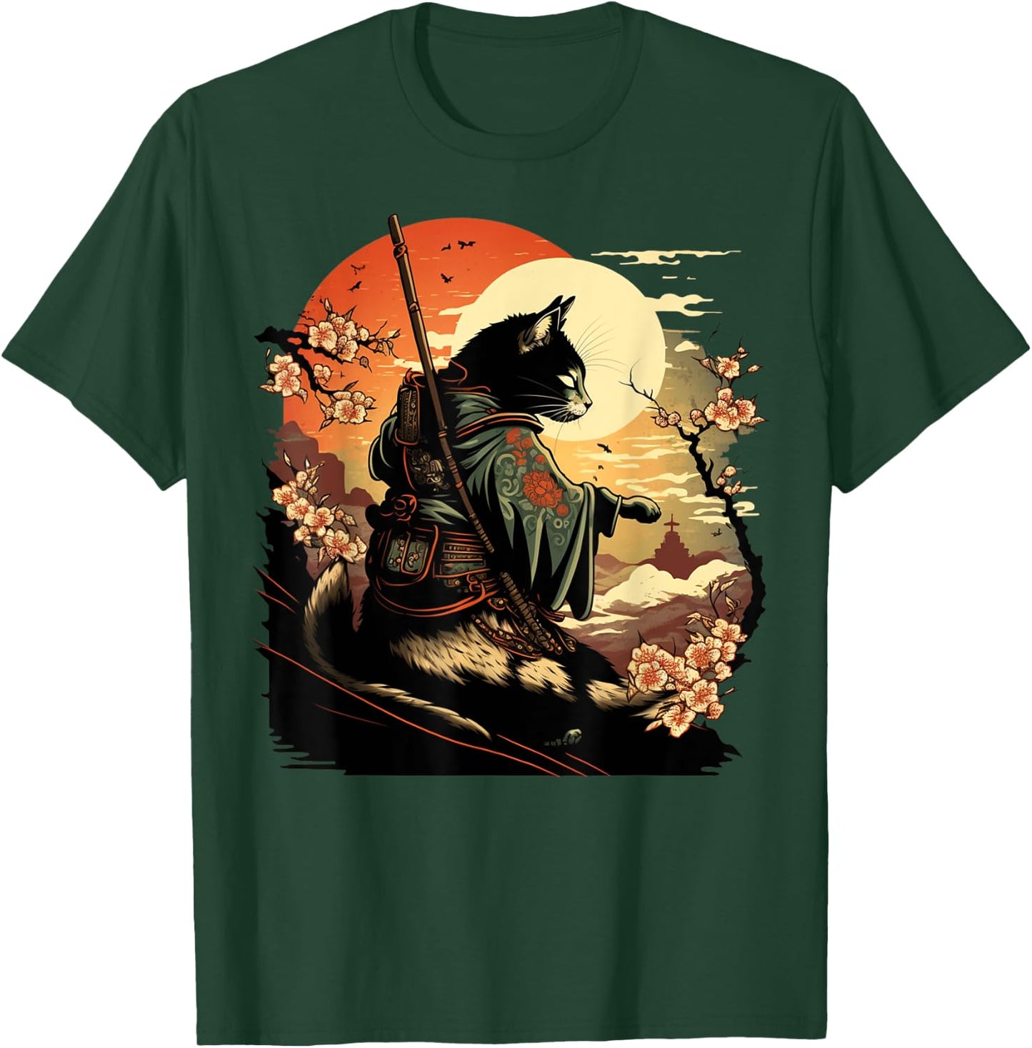 Japanese Art Cat Ninja Ukiyo-e Anime Style Samurai Cat T-Shirt - T-Shirt | Forest