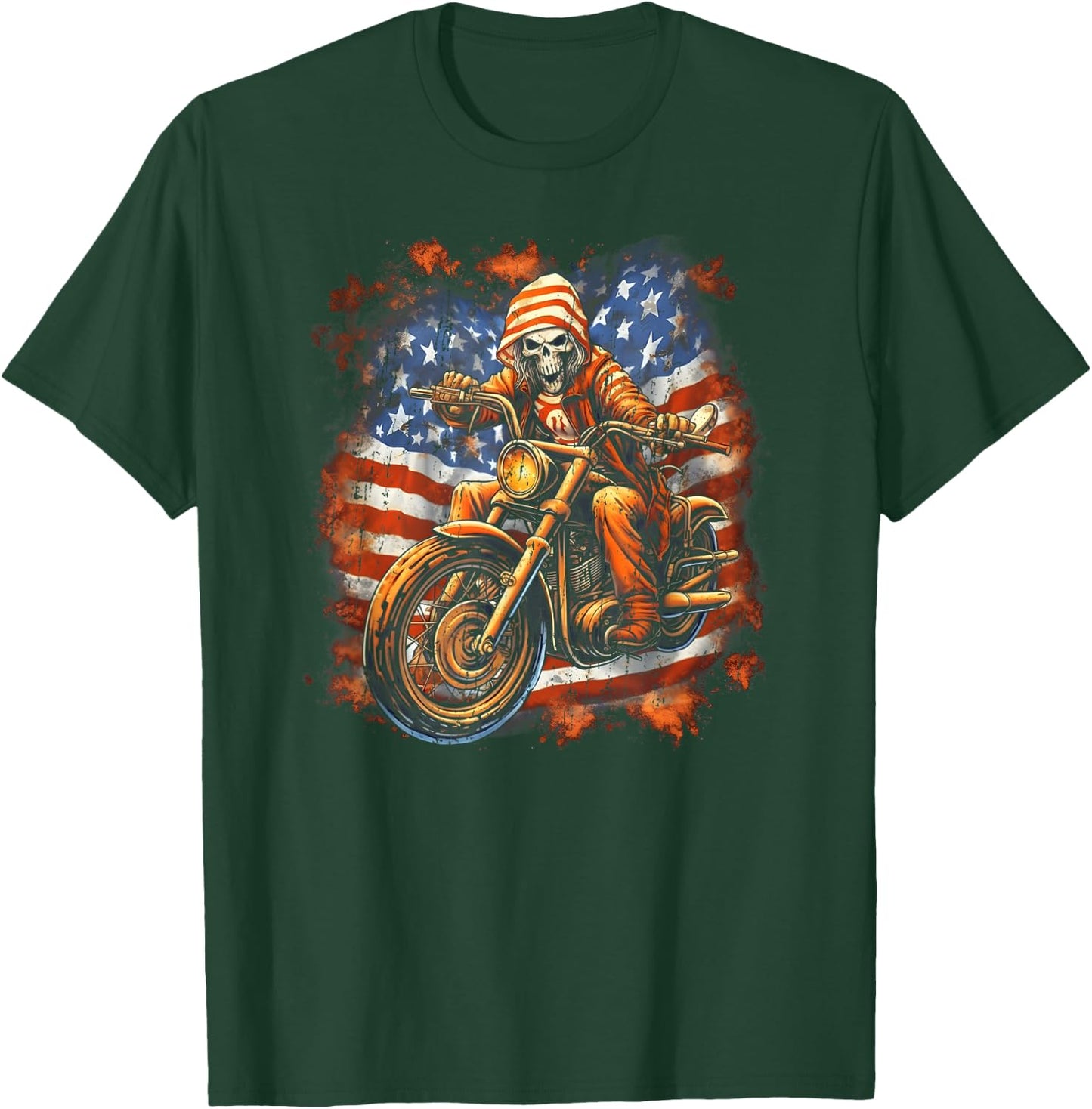 US Flag Motorcycle Skeleton Biker 4th July American T-Shirt - T-Shirt | Forest