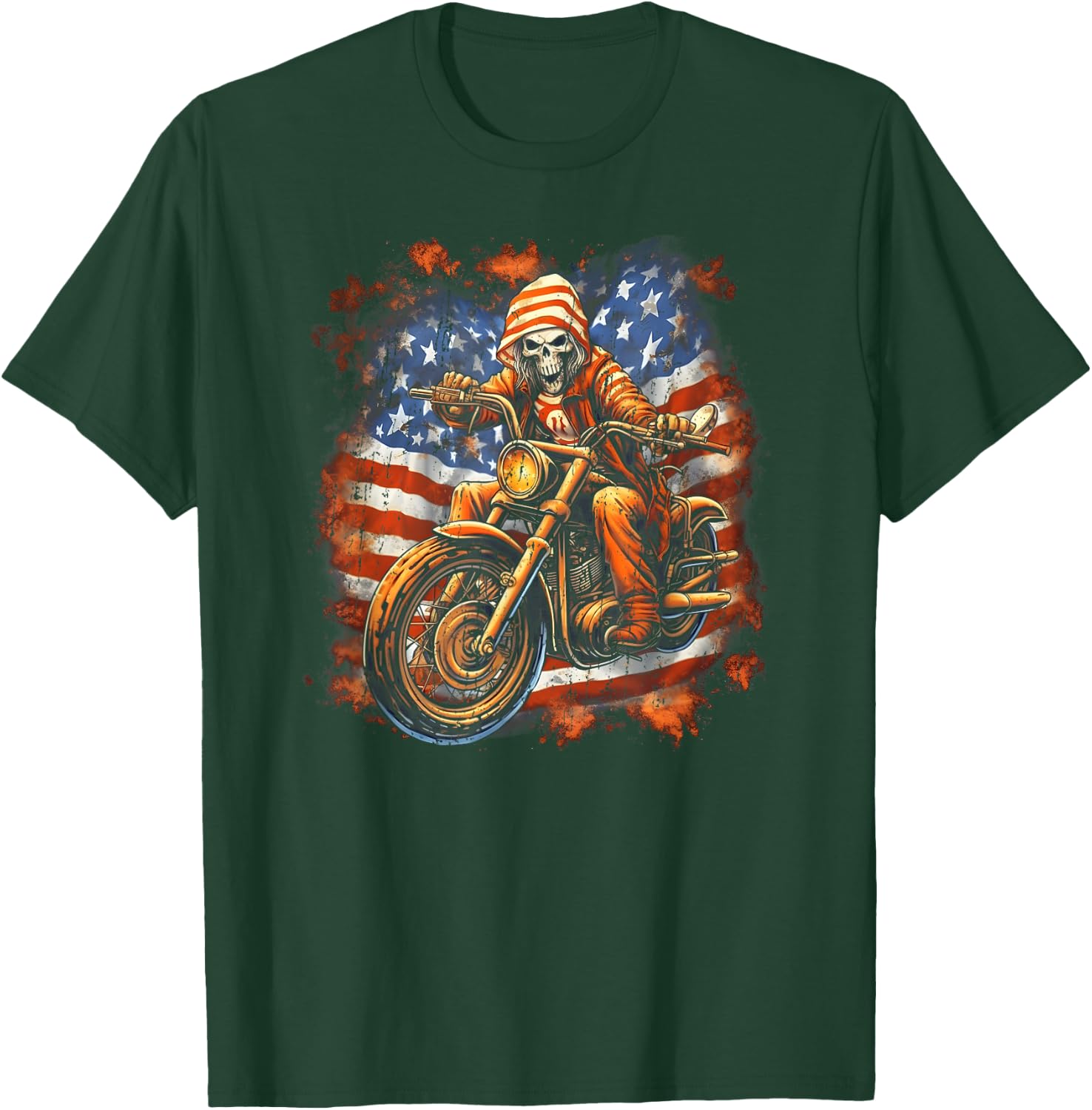 US Flag Motorcycle Skeleton Biker 4th July American T-Shirt - T-Shirt | Forest