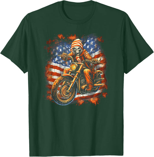 US Flag Motorcycle Skeleton Biker 4th July American T-Shirt - T-Shirt | Forest