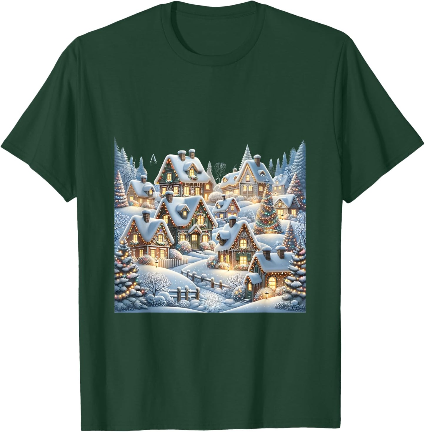 Winter Village Snow Covered Cottages Christmas Lights Scene T-Shirt - T-Shirt | Forest