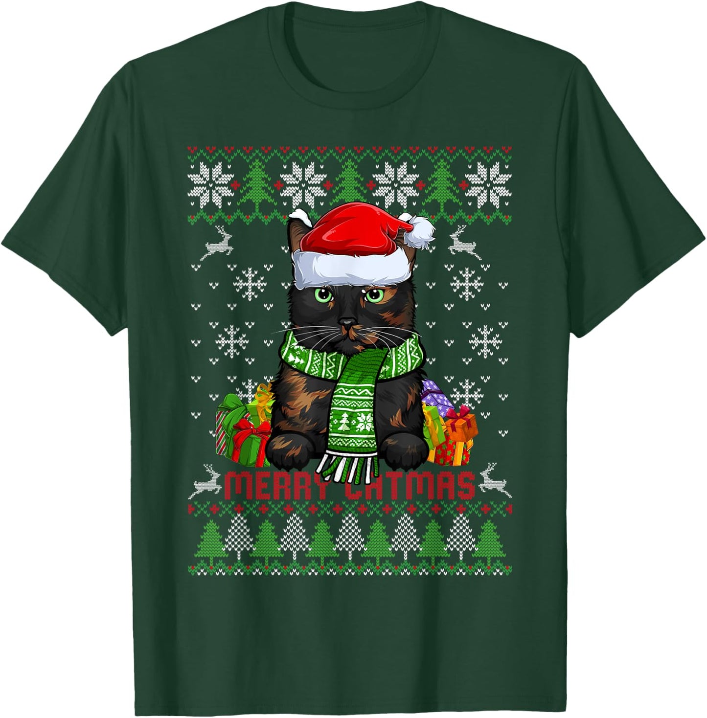 Funny Merry Catmas Tortoiseshell Cat Ugly Christmas Sweater Men Women Kids T-Shirt - T-Shirt | Forest