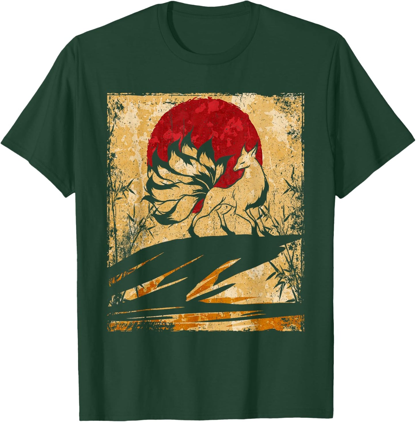 Nine Tailed Fox Japanese Art Retro T-Shirt - T-Shirt | Forest