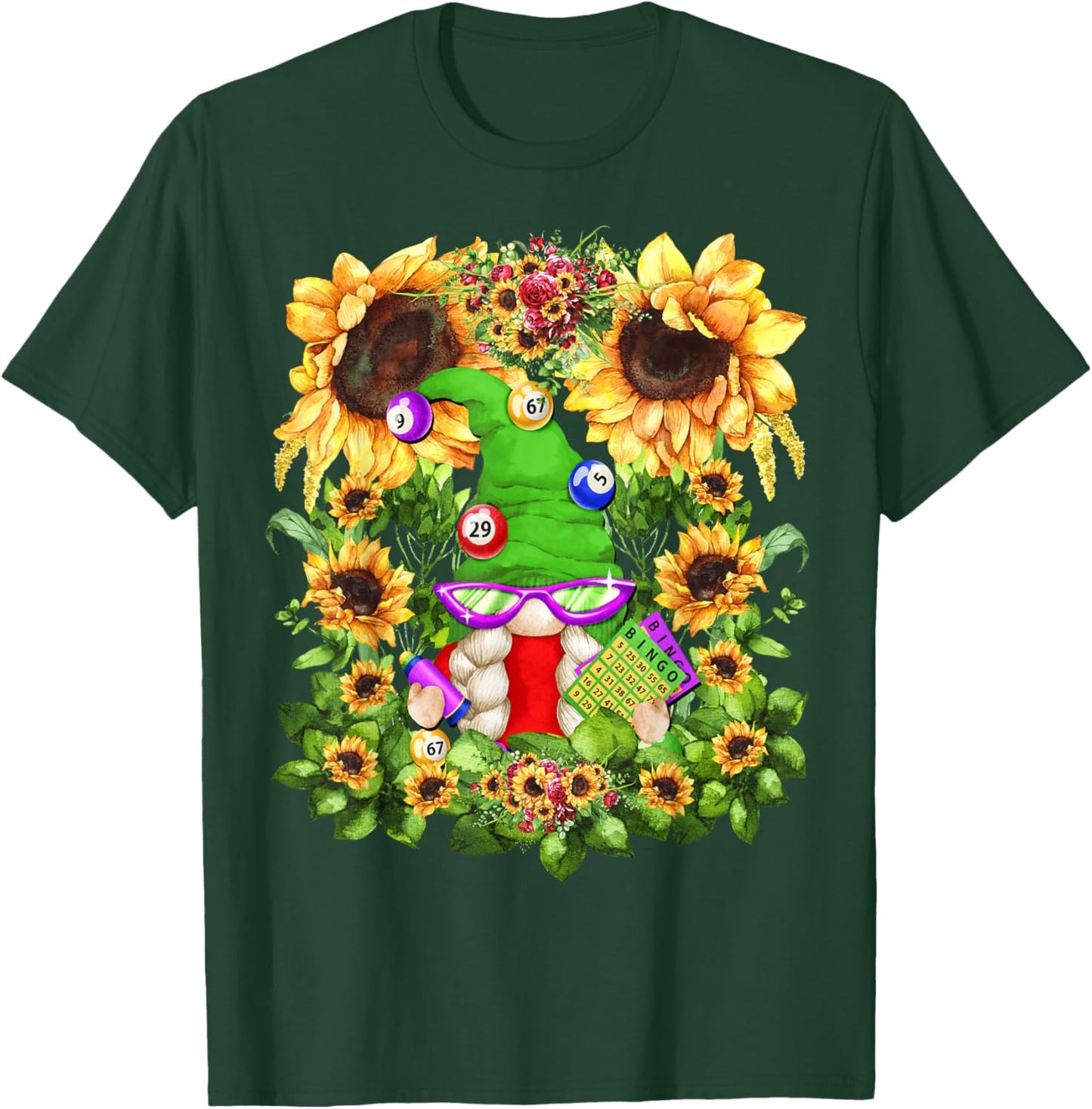 Floral Sunflower Bingo Gnome And Crazy Bingo Lady T-Shirt - T-Shirt | Forest
