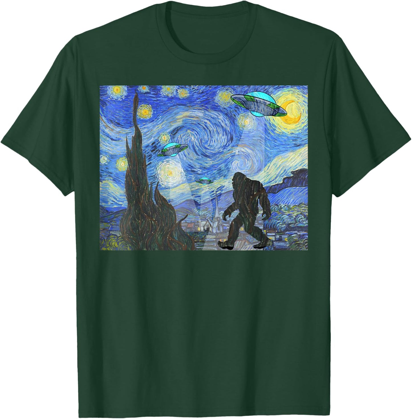 Starry Night Sasquatch And UFO Aliens Bigfoot Graphic T-Shirt - T-Shirt | Forest
