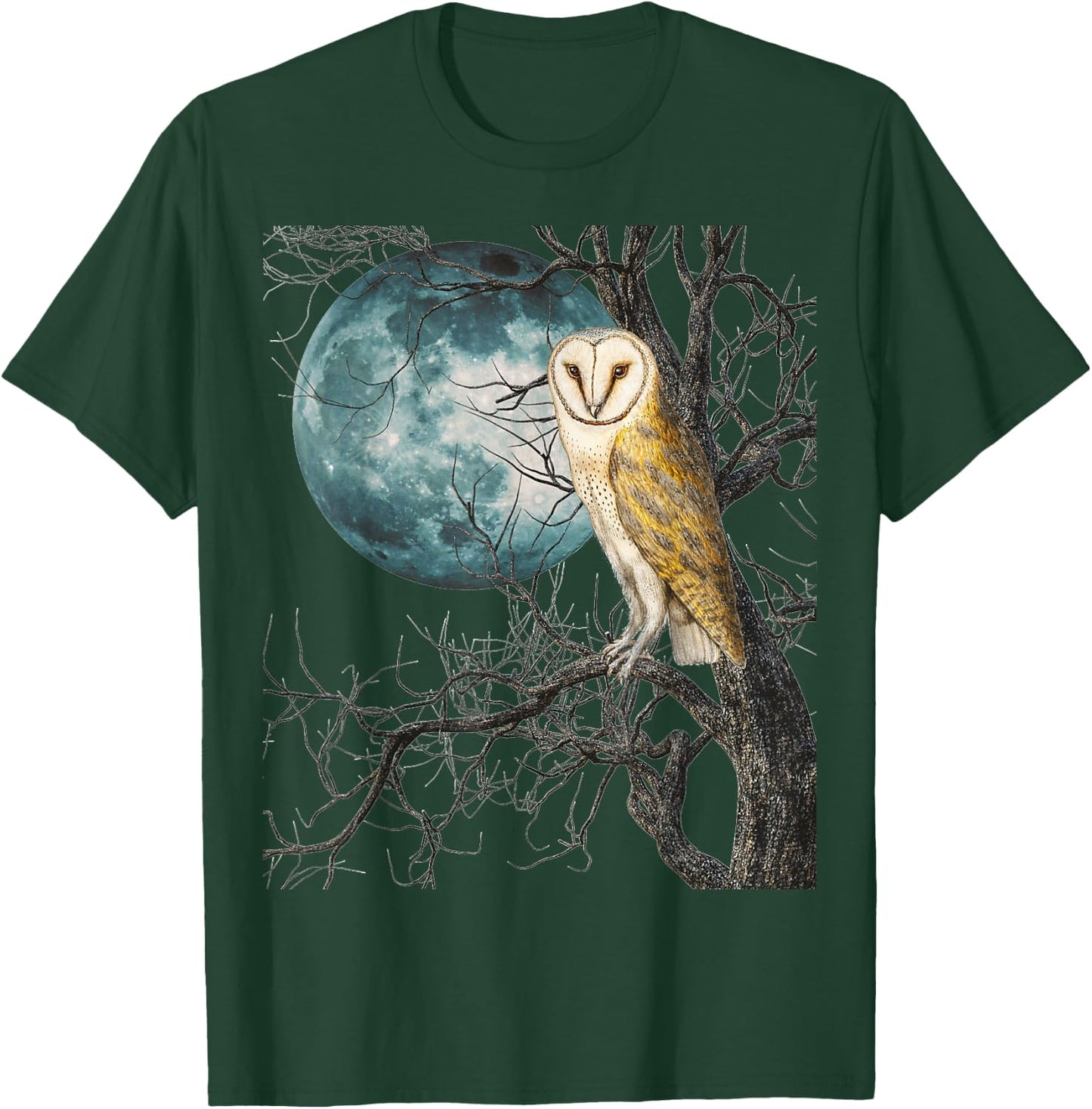 Owl Barn Night Moon Full Vintage Illustration Birder Graphic T-Shirt - T-Shirt | Forest