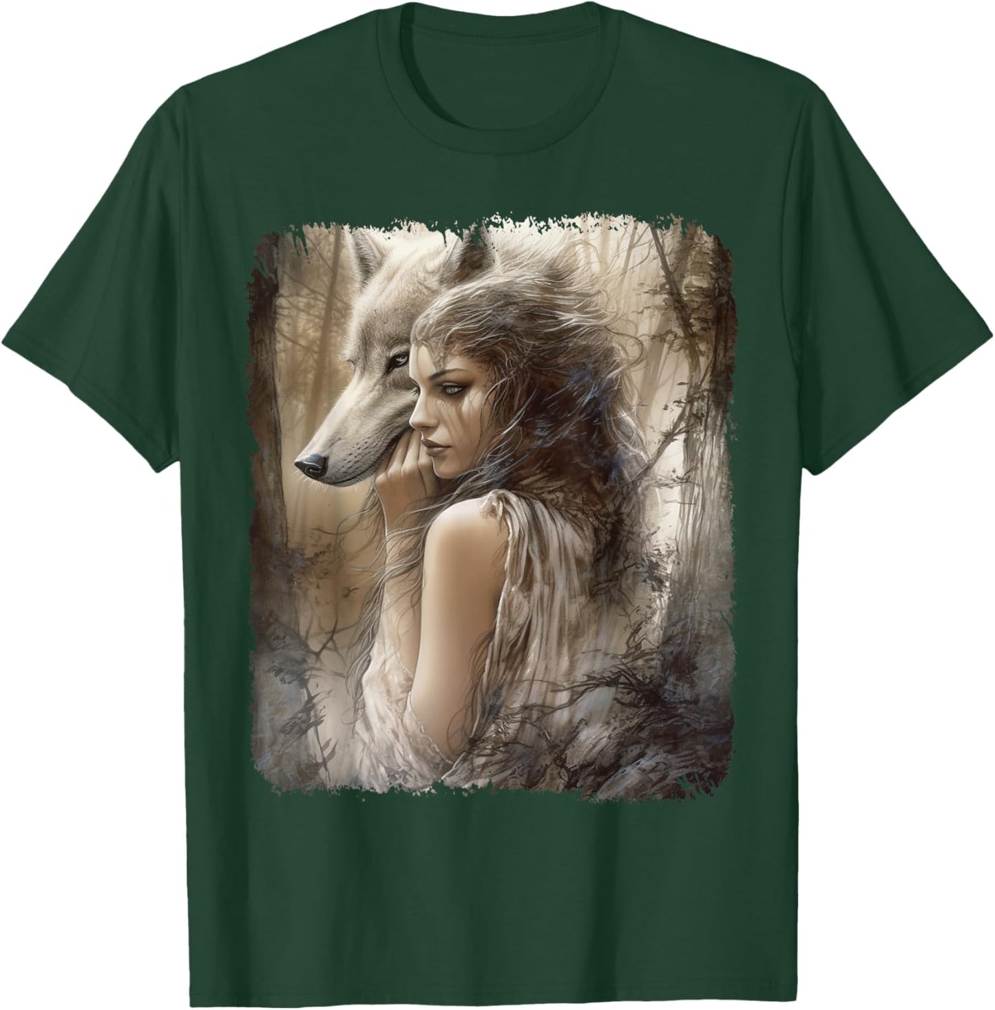 Woman and Grey Wolf in Forest Fantasy T-Shirt - T-Shirt | Forest
