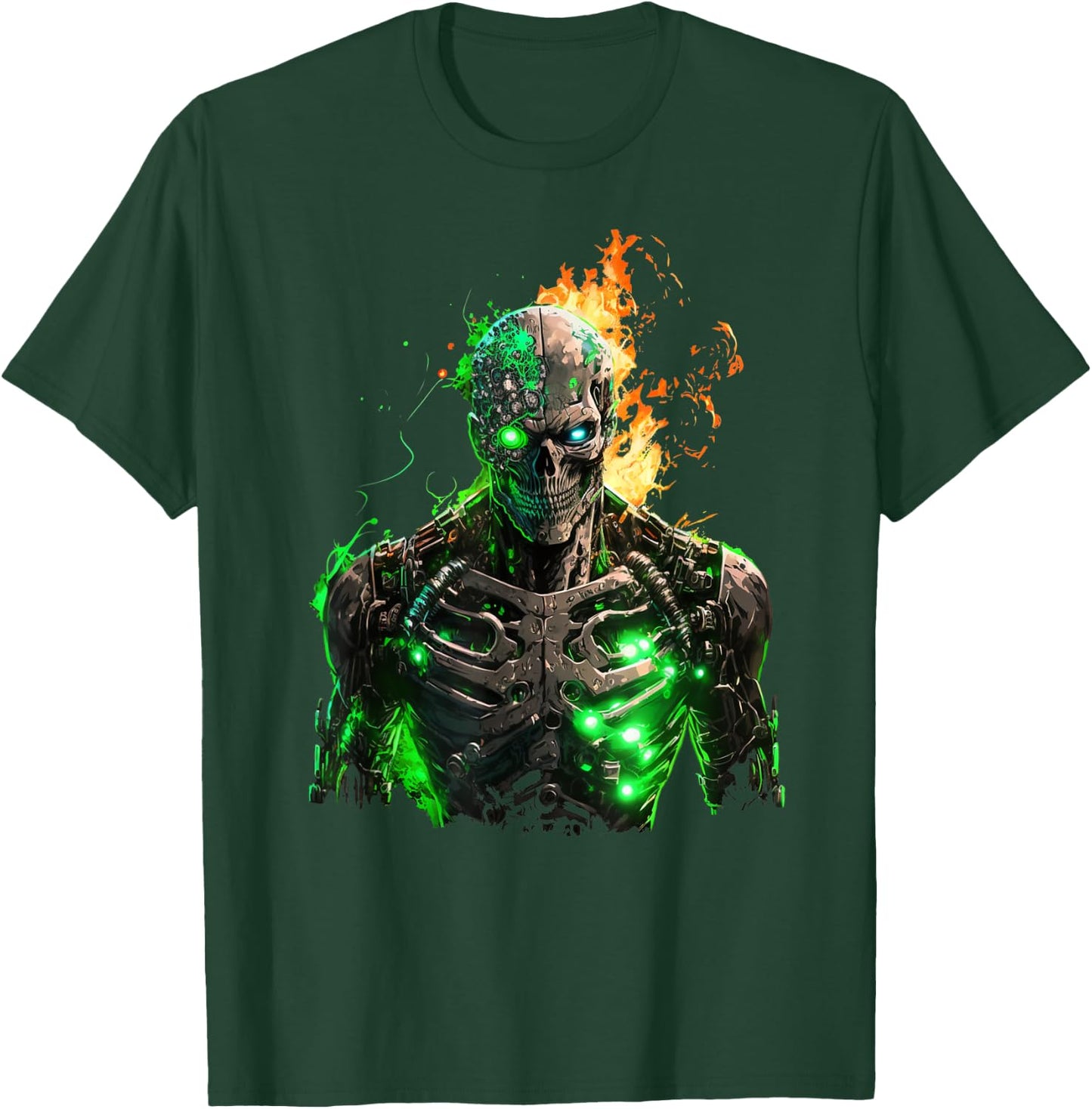 Flaming Skeleton Cyborg Graphic T-Shirt - T-Shirt | Forest
