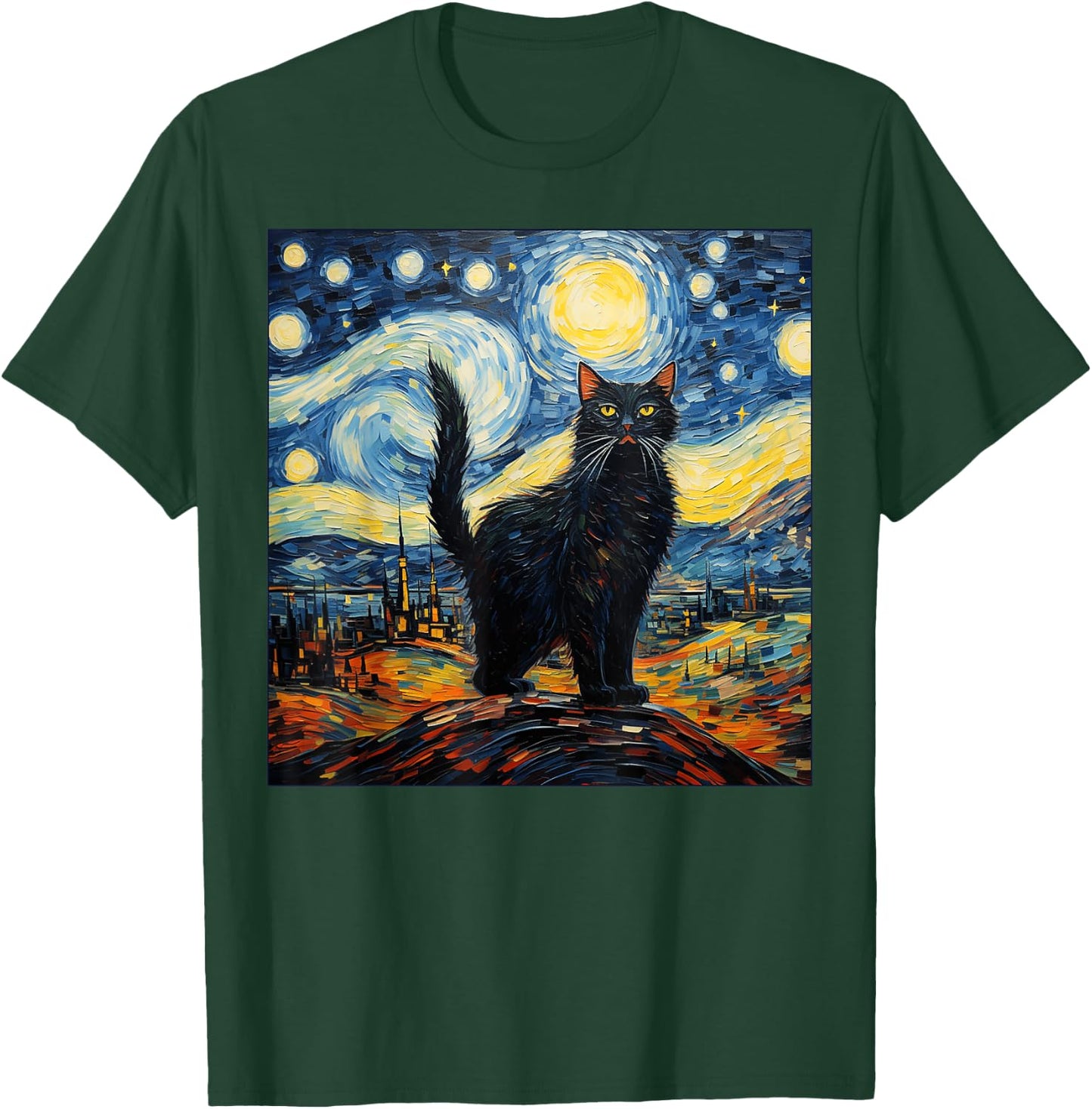 Van Gogh Starry Night Black Cat Gifts for Cats Lover Mom Dad Women Kids T-Shirt - T-Shirt | Forest