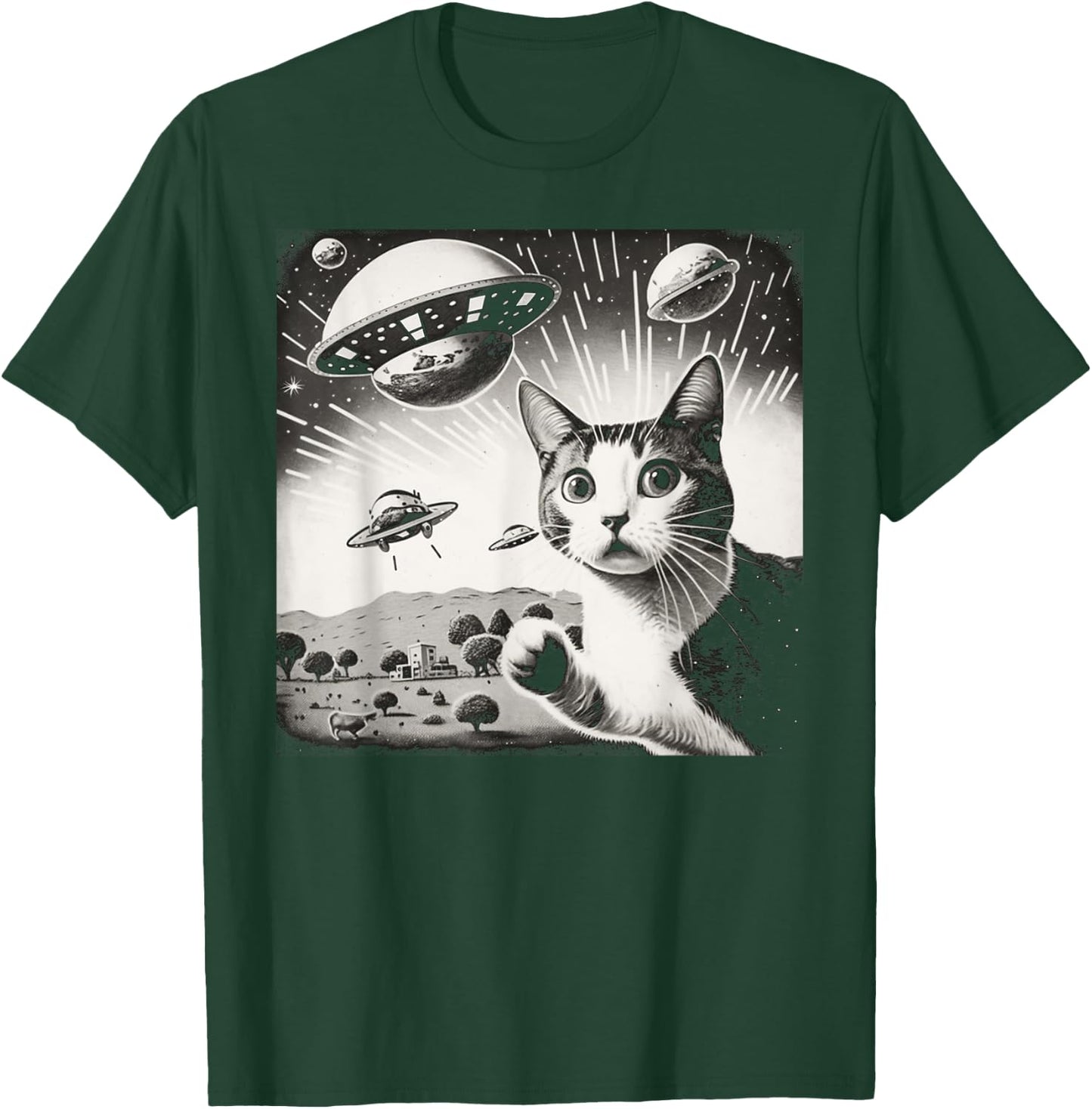 Cat Incident Involving UAPs Funny UFO Retro Aliens Men Women Kids T-Shirt - T-Shirt | Forest