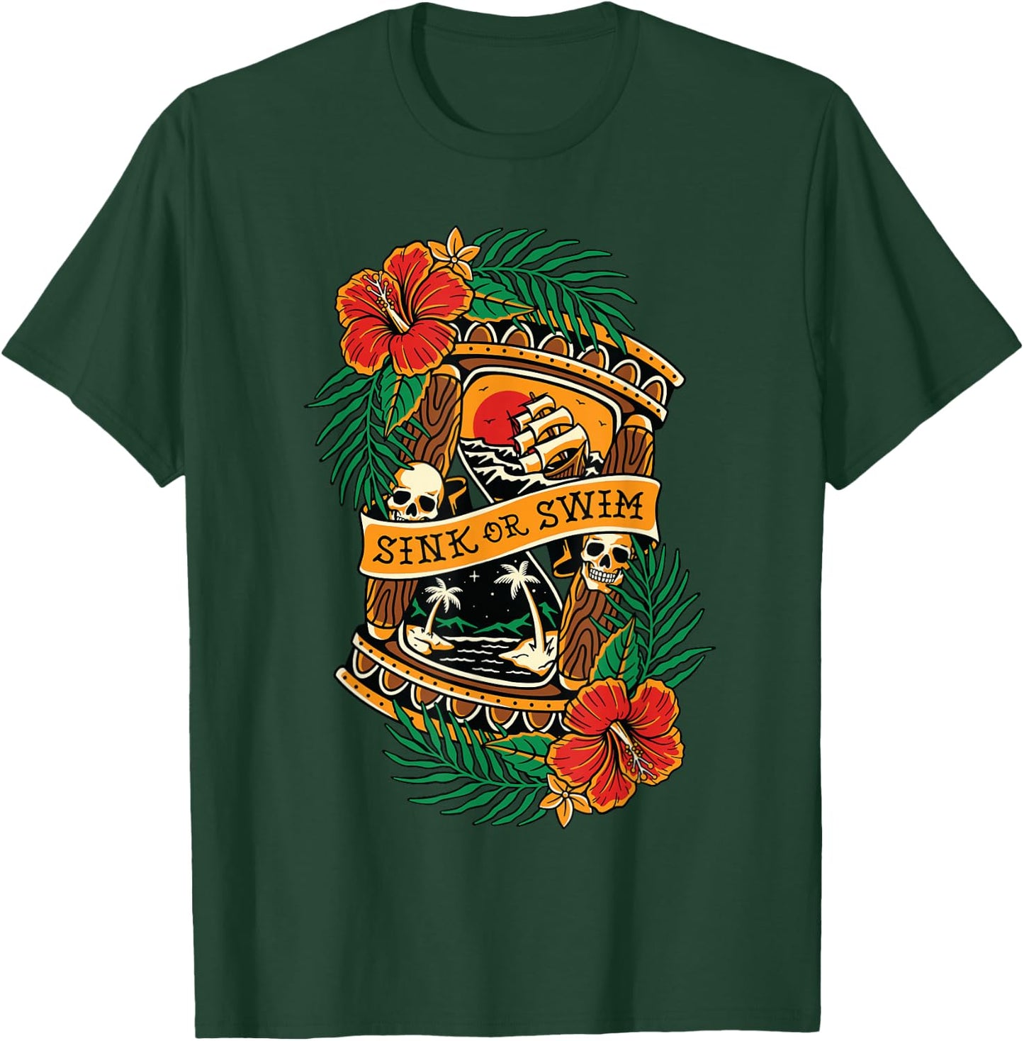 American Traditional Tattoo Old School Flash Skull Hourglass T-Shirt - T-Shirt | Forest