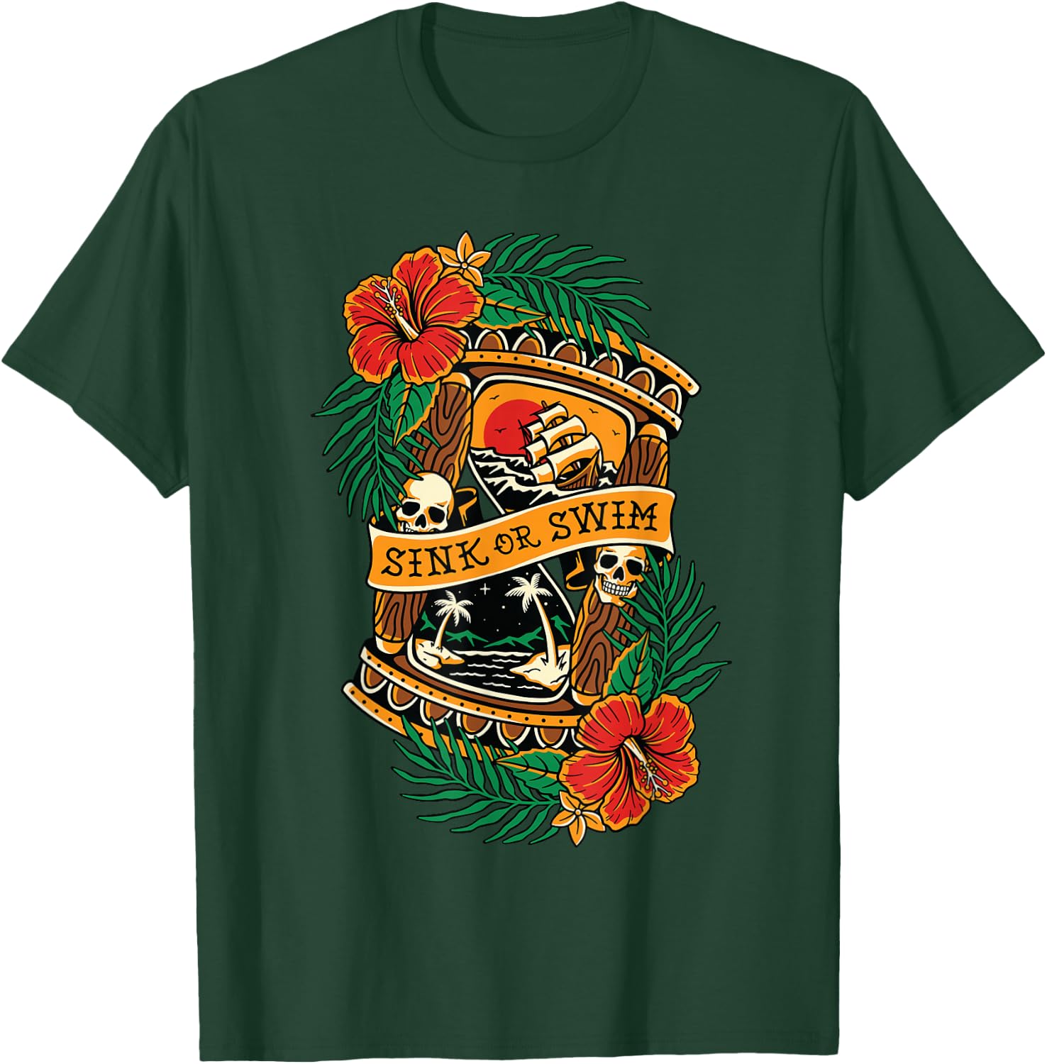 American Traditional Tattoo Old School Flash Skull Hourglass T-Shirt - T-Shirt | Forest
